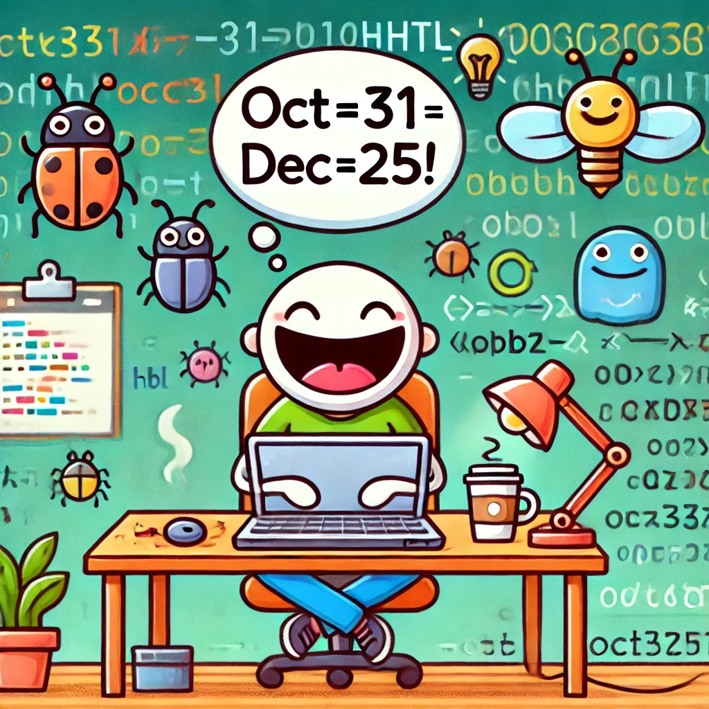 Cartoon programmer laughing at coding jokes